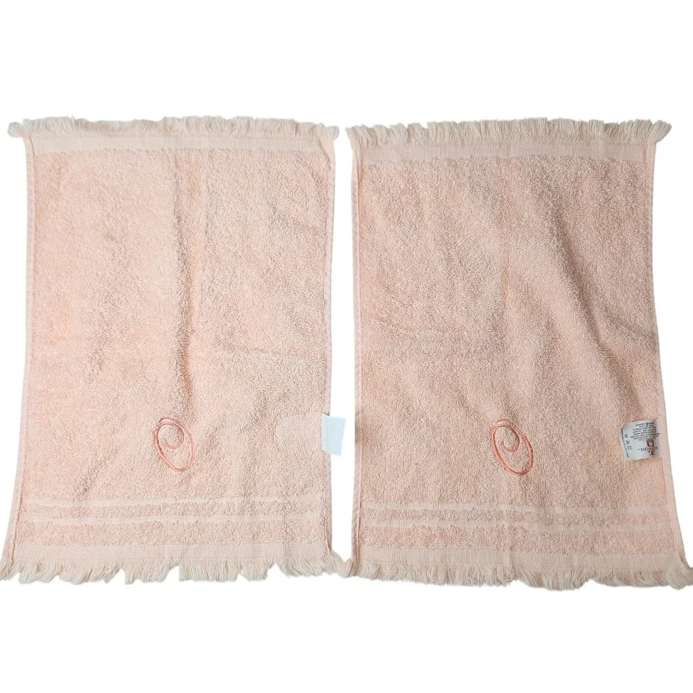 Vtg Cannon Peach Pink Cotton‎ Monogram Letter O Fringe Fingertip Towels Set of 2